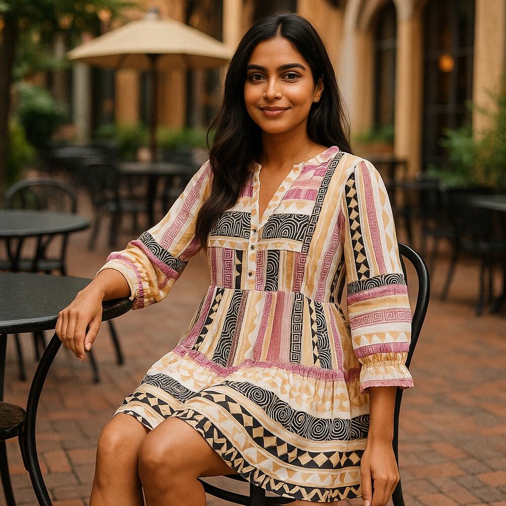 ELAN NWT Boho Babydoll Dress Small Geo Print 3/4 Sleeve Multicolor